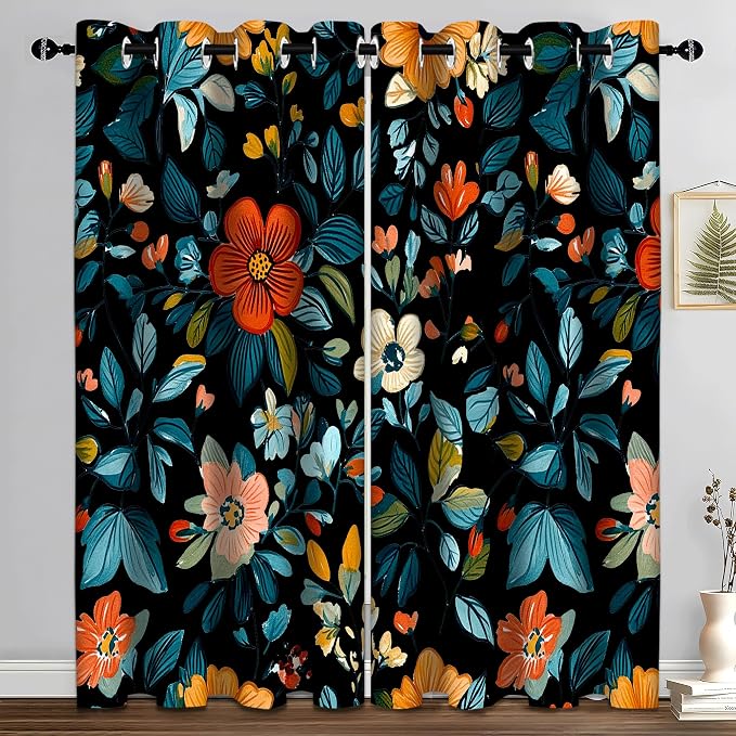 iTapnoom Black Blue Leaves Floral Blackout Curtain, Flowers Aesthetic Art Curtains Darkening Thermal Insulated Grommet Window Drapes for Living Room Bedroom Decor 2 Panels 52x84 Inches