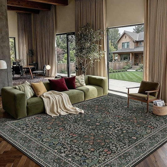 HUGEAR Vintage Floral Machine Washable 6x9 Area Rugs Black Green Living Room Bedroom Rug Retro Neutral Stain Resistant Non Slip Low Pile Throw Carpet for Home Aesthetic Modern Decor