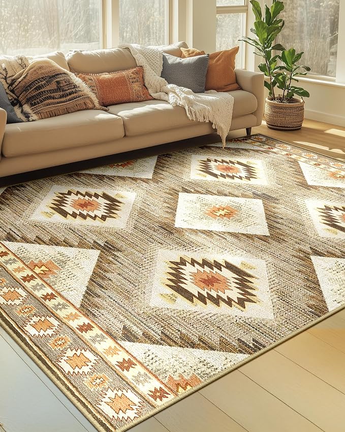 BESTSWEETIE Area Rug 6x8 Rug Machine Washable Non-Slip Low Pile Print Pattern Western Rug for Living Room Bedroom Entryway Tribal Series-Cream/Camel