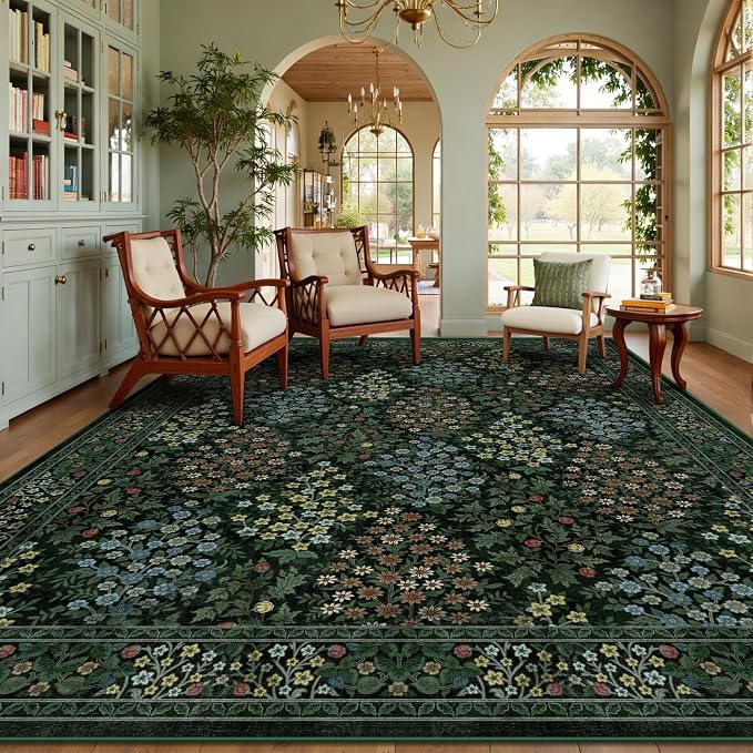8x10 Area Rugs, Green Washable Low Pile Floral Rugs for Living Room, Bedroom, Large Boho Area Rug with Non-Slip Backing for Dining Room