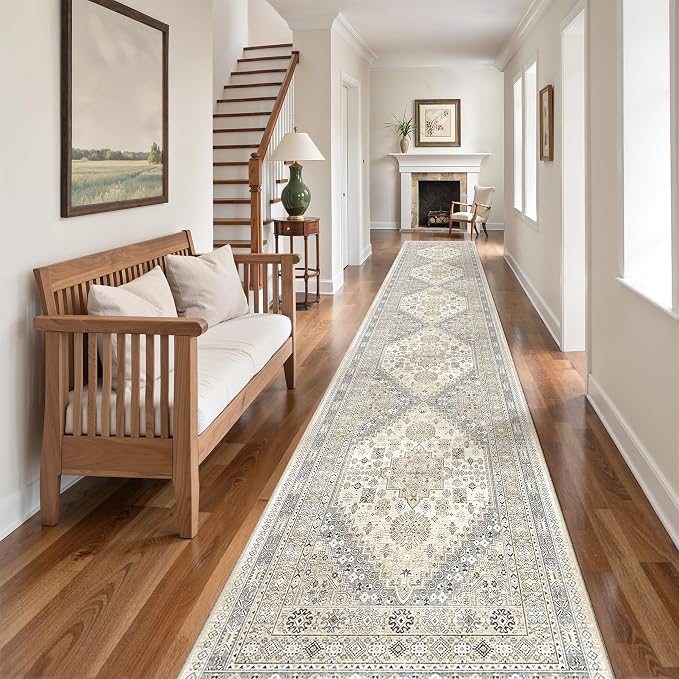zesthome 2x12 Runner Rug, Long Hallway Rugs for Dining Room, Living Room, Bedroom, Machine Washable Kitchen Carpet Runner with Rubber Backing, Soft Low Pile Indoor Rug (Beige,2'x12')