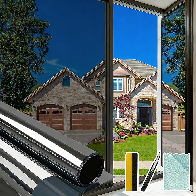 Bloss One Way Privacy Window Film, Reflective Window Tint for Home, Daytime Privacy Film See Out Not in, Sun Blocking Anti UV Windows Coverings with 3 Tools (Black Silver, 35.4"x118.1")