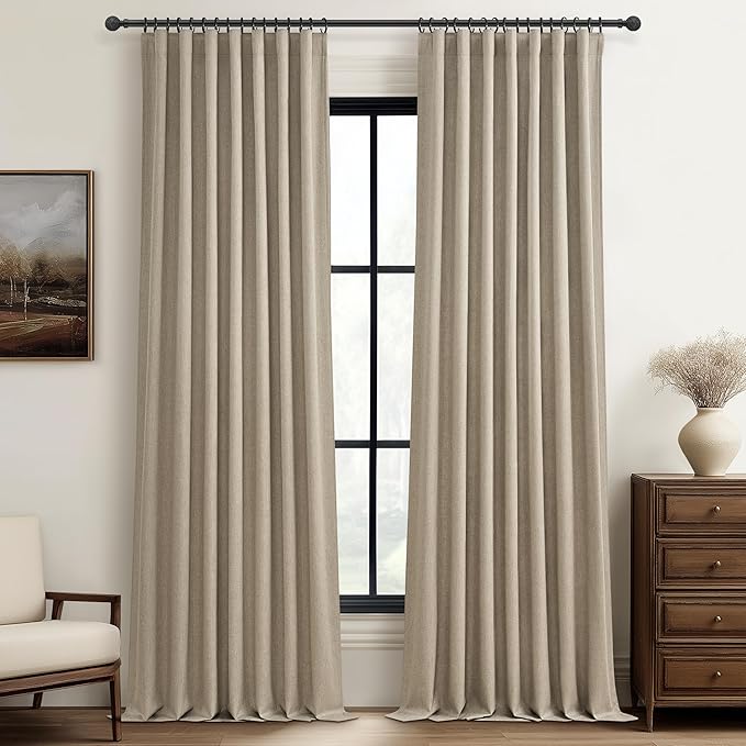 QJmydeco Black Out 96 Inch Long Boho Curtains 2 Panel Set, Farmhouse Curtains for Living Room Darkening/Thermal/Noise Reduction Textured Flax Linen Drape 8ft Hook&Ring Included GreyBeige 50"x96"