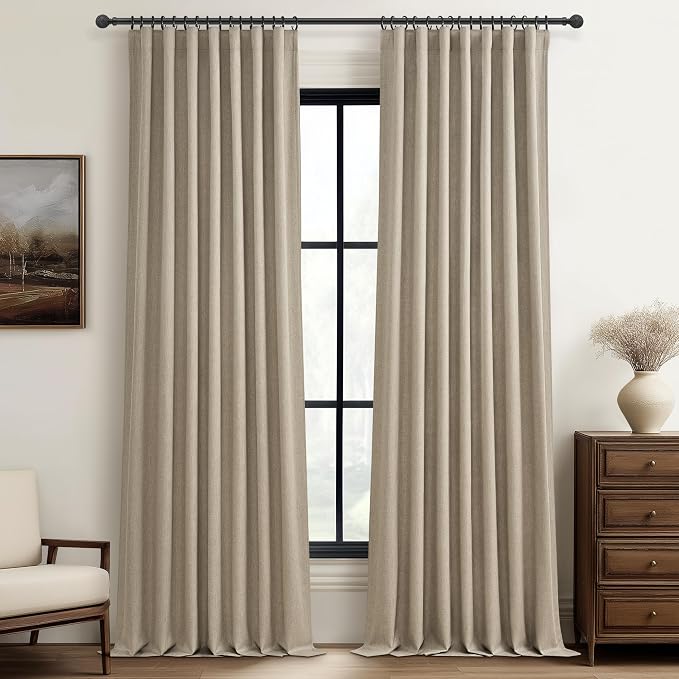 Pleat Linen Blend Room Darkening Extra Long Curtains 120 Inch Length 2 Panels Set for Living Room, Grey Beige for Bedroom Large Windows Blackout Drapes Heat Blocking for Summer Heat (50"Wx120"L)