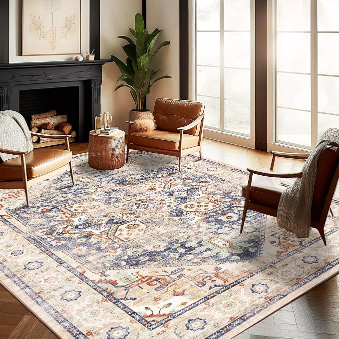 CHAMPLANT Washable Area Rug 10'x14' Blue Khaki Retro Flowers Boho Design Non-Shedding Easy Care Ideal for High Traffic Areas in Living Room Bedroom Office Coffee Table Kitchen Large Carpet