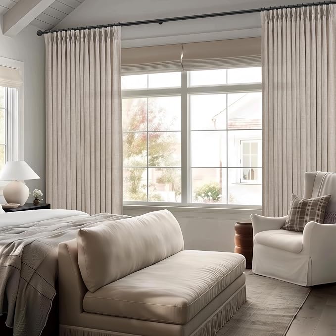 Greyish Brown Pinch Pleat Extra Wide Sheer Curtains 70 x 90 Inches Long for Bedroom, Memory Shape Natural Linen Rustic Ceiling Track Curtain Light Filtering Windows Drapes 2 Panels Set with Back Tab