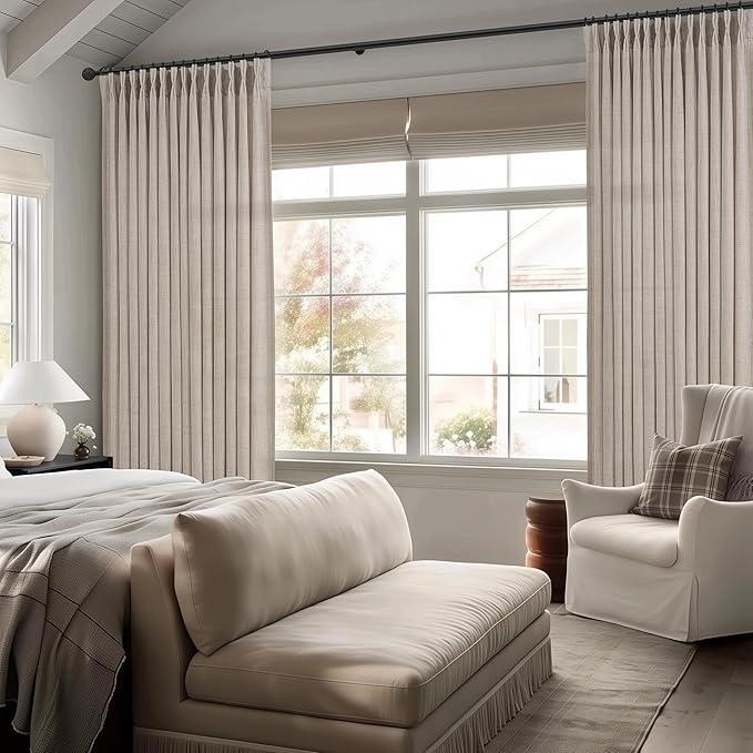 Greyish Brown Thick Linen 104 Inch High Ceiling Curtains for Classroom, Memory Shape Pinch Pleated Semi Sheer Light Filtering Curtain Privacy Elegant Windows Drapes 2 Panels Set with Hooks & Rings