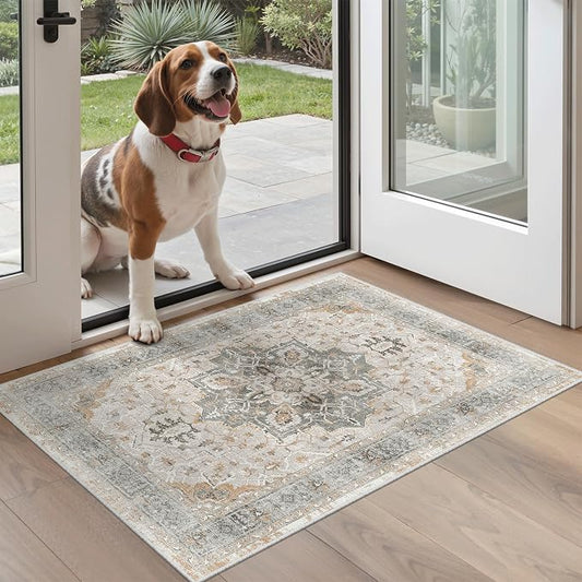 Madane Washable Area Rug 2x3 Small Entryway Rugs Non-Slip Light Taupe Brown | Vintage Stain-Resistant Door Mat Indoor Entrance, Low Pile Floor Carpet for Inside Front Bedroom Kitchen Entry Laundry, Stair