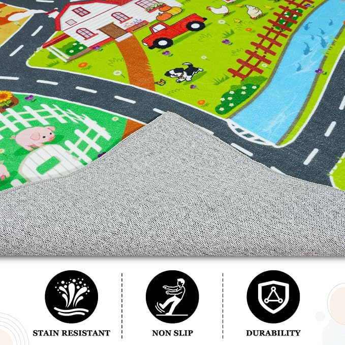 Car Rug Play Mat for Kids Toy Cars, 8' x 10' Town Country Barn Track Four Seasons Farm Theme Traffic Carpet, Non-Slip Washable Area Rug for Kids Room Bedroom Play Area, Fun Learning Rugs for Children