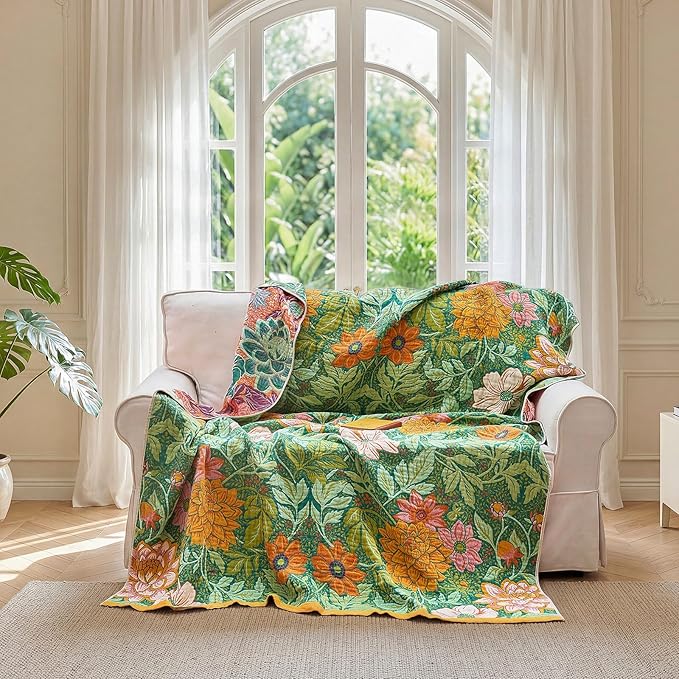 LUTBM Boho Throw Blanket for Couch Sofa Chair Spring Cotton Blankets for Bedroom Living Room All Season Lightweight Reversible Floral Embroidery Throws 50"x60"