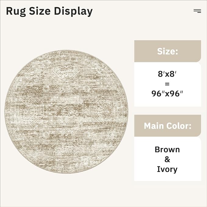 Soalmost 8ft Round Rug Brown/Ivory, Living Room Circle Rug Vintage Round Area Rug Non Slip Indoor Carpet for Apartment