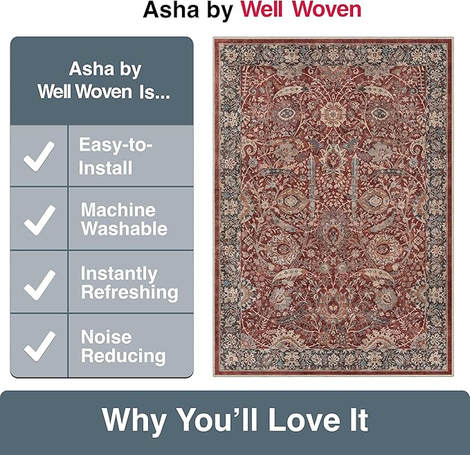 Well Woven Asha Collection Elegant Red Oriental 6x9 Rug Perfect for Living Room Dining Room or Bedroom Ideal for High-Traffic Areas with Vintage-Inspired Low Pile