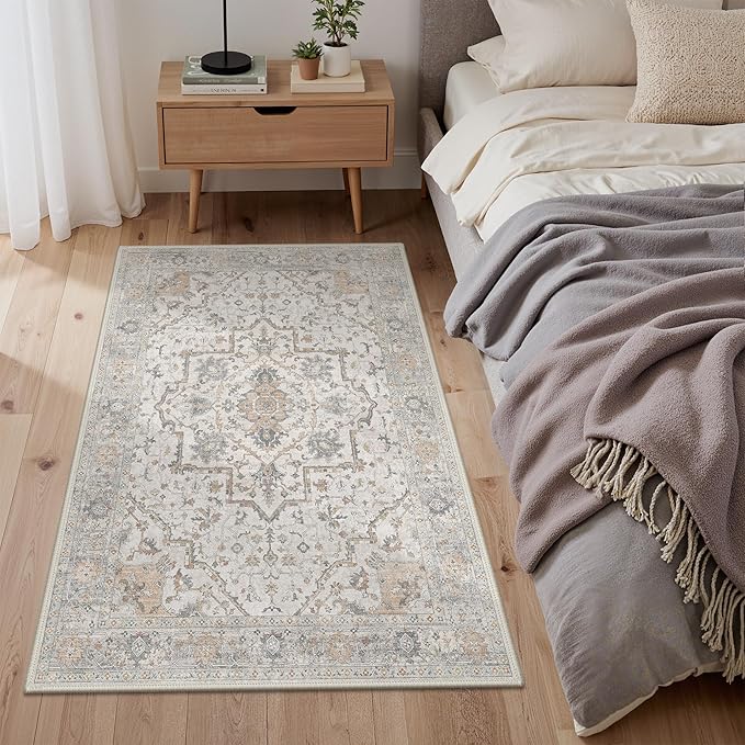 GENIMO 5x7 Area Rugs for Living Room, Machine Washable Non Slip Vintage Rugs, Low Pile Lightweight Chenille Print Rug for Bedroom, Dining Room, Home Office, Gray Brown