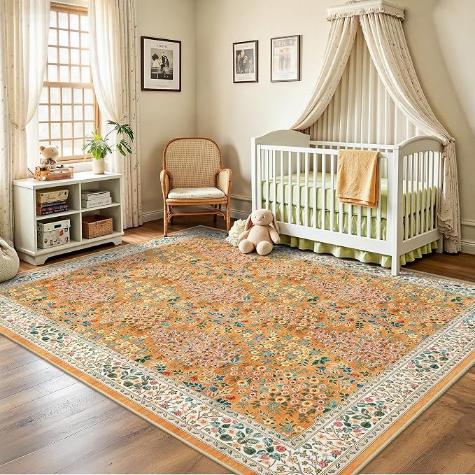6x9 Area Rugs, Washable Floral Area Rugs for Living Room, Indoor Area Rug for Bedroom, Dining Room, Low Pile Non-Slip Non Shedding Rug(Orange Floral)