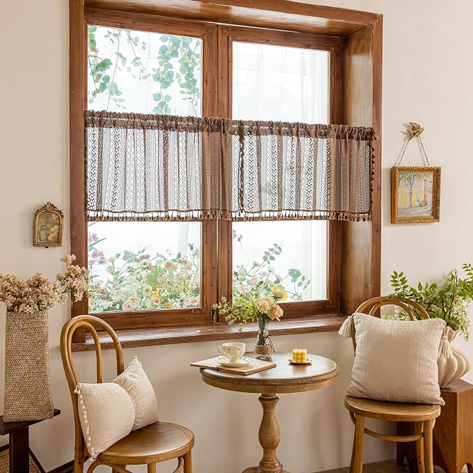 Sutuo Home Dark Coffee Boho Short Curtains Valance for Kitchen Window Curtains Over Sink, Caramel Lace Sheer Closet Crochet Privacy Farmhouse Vintage Chic Tassels Rod Pocket,2 Panels 50" W x 18" L