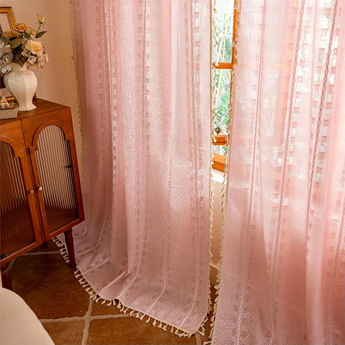 Pink Boho 96 inch Curtains 2 Panel Set for Living Room Dining room Floor to Ceiling, Girl Light Filtering Tassels Privacy Country Vintage Embroidery Bohemian Stripes Window Treatment Back Tab, 50"W