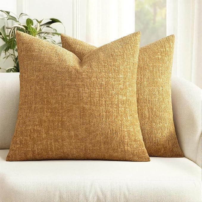 MIULEE Decorative Throw Pillow Covers 18x18 Pack of 2 Mustard Yellow Couch Pillow Covers Soft Cozy Textured Chenille Pillowcases for Home Decor Sofa Living Room Cushion Bedroom
