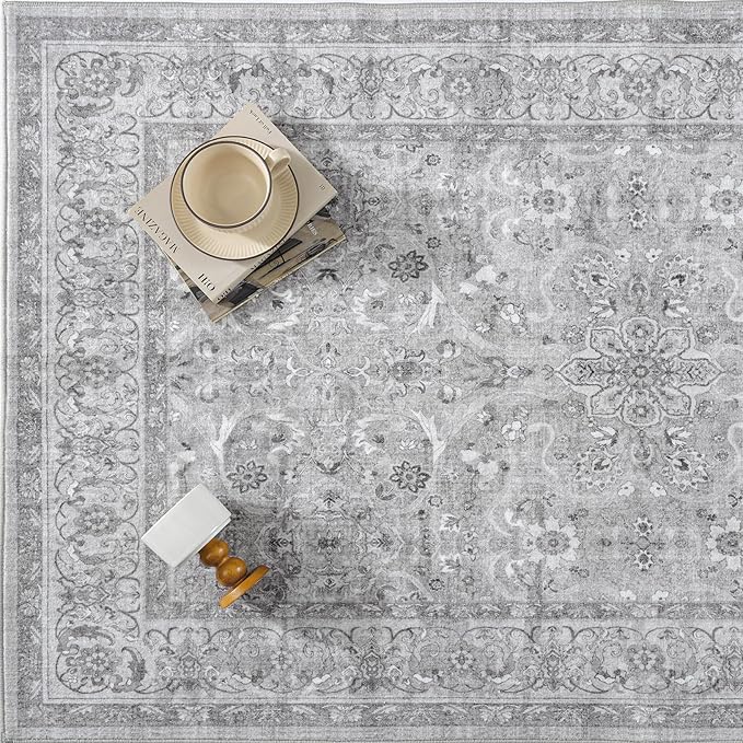 PureCozy Gray 2x3 Area Rug Entryway Washable Vintage Carpet Door Mat Small Indoor Non Slip Soft Low Pile Thin Stain Resistant Distressed Accent Throw Rug for Kitchen Bathroom Entrance Bedroom