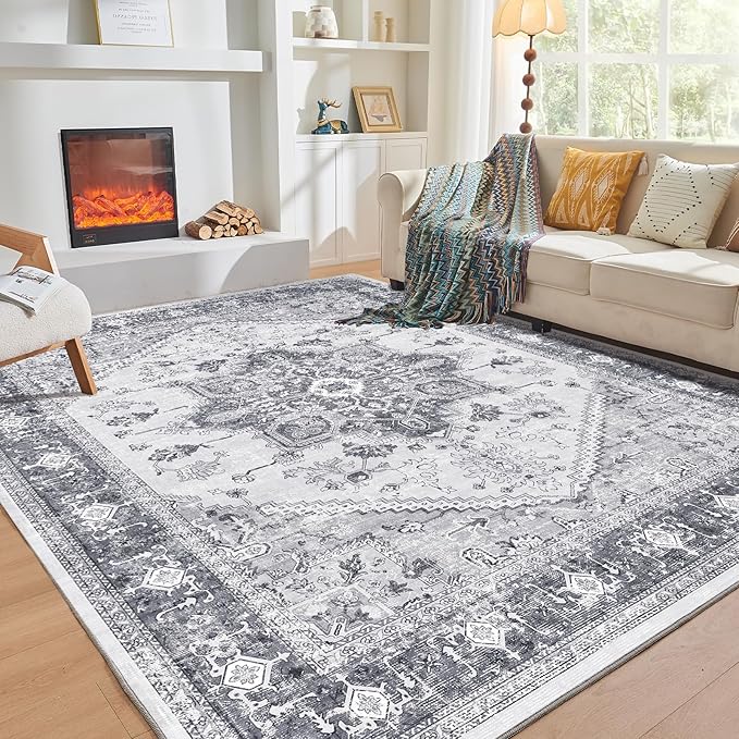 OPPODREAM Soft Area Rug 5x7, 5x7 Rugs for Living Room, Washable Rugs for Bedroom with Non Slip Backing, Faux Cashmere Low-Pile 5 x 7 Carpet, Grey