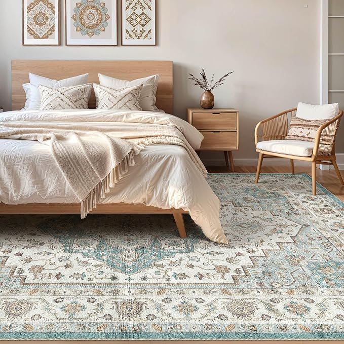 10x14 Area Rugs Living Room: Washable Boho Large Neutral Vintage Soft Rug Stain Resistant Farmhouse Non-Slip Indoor Floor Carpet for Bedroom Nursery Kids Playroom Office Dining Room Home- Teal Brown