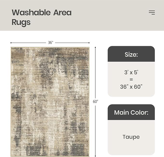 Valenrug Washable Rugs 3x5 - Stain Resistant 3x5 Area Rugs for Living Room, Non Slip Backing Abstract Entryway Rugs for Bedroom, Folable Machine Washable Area Rug(3'x5', Taupe)