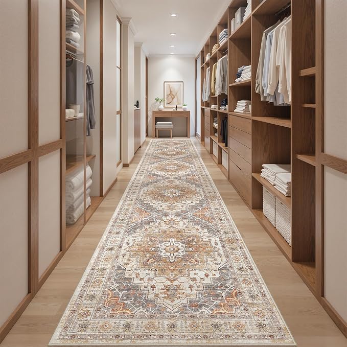 2'6" x 14'Non Slip Runner Rugs - Runners for hallways, Kitchen,Entryway,Stain Resistant Washable Rugs for Bedroom, Indoor Vintage Area Rugs (Turmeric/Grey,2'6" x 14')