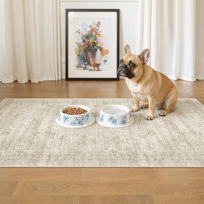 Soalmost 2x4 Washable Rugs for Kitchen, Floor, Entryway, Powder Room Small Area Rug Non-Slip Vintage Low Pile Throw Door Mat Beige