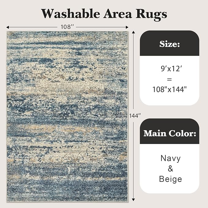 Art&Tuft 9x12 Area Rug, Anti-Slip Backing Abstract Area Rugs 9x12 Living Room, Stain Resistant Rugs for Living Room, Foldable Machine Washable Area Rug (9'x12', Navy)