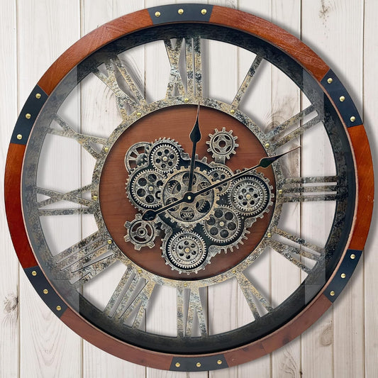 DORBOKER 24" Original Moving Gears Wall Clock, Large Industrial Wall Clock for Living Room Decor,Oversized Wood Vintage Farmhouse Steampunk Rustic Clocks for Wall Decor,Black Walnut
