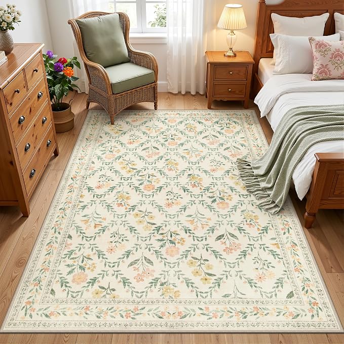 Area Rug Living Room Rugs: Floral 3x5 Washable Rug Vintage Soft Boho Non-Slip Carpet Indoor Floor Stain Resistant Large Carpets for Bedroom Dining Room Farmhouse Nursery Hallway Beige/Multi