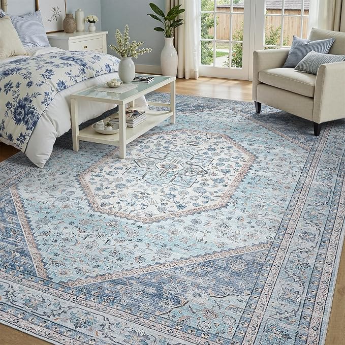 DCX Machine Washable Blue and Beige Area Rug 6x9, Non Slip Stain Resistant Vintage Floral Rug for Living Room Bedroom Nursery, Soft Low Pile Large Carpet
