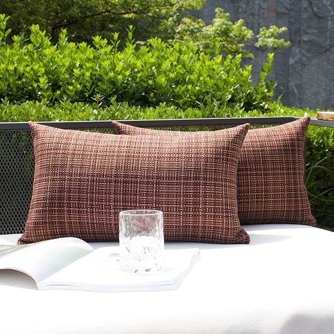 Kevin Textile Pack of 2 Decorative Outdoor Waterproof Throw Pillow Covers Lumbar Pillowcases Modern Cushion Cases for Patio Couch Bench 12 x 20 Inch Coffee