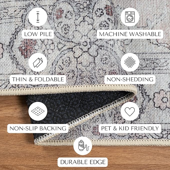 Lite Pink Oushak Large Area Rug 8x10 - Washable Boho Rug Vintage Turkish Non-Slip Carpet Non-Shedding Extra Large Area Rugs for Living Room, Dining, Bedroom, Lounge, Farmhouse
