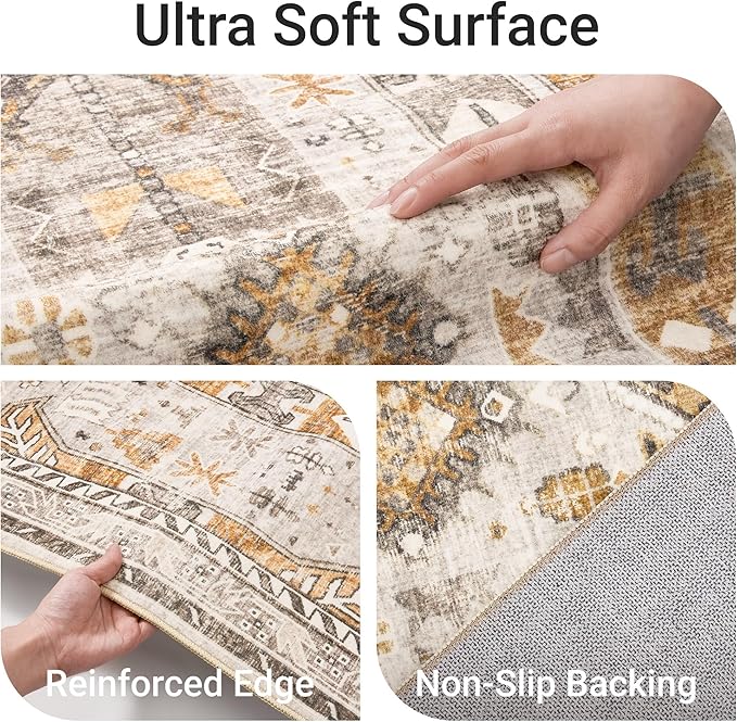 2'6" x 10'Non Slip Runner Rugs - Runners for hallways, Kitchen,Entryway,Stain Resistant Washable Rugs for Bedroom, Indoor Vintage Area Rugs (Brown/Gold,2'6" x 10')
