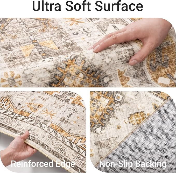 befbee 10x14 Area Rugs,Ultra-Thin Washable Rugs for Living Room,Non-Slip Lightweight Foldable Area Rug,Stain Resistant Vintage Large Rugs (Brown/Gold, 10'x14')