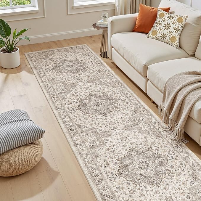 Vintage Hallway Runner Rug 2x8: Large Soft Washable Entryway for Kitchen Laundry Room Non-Slip Backing Runner for Entrance Living Room Bedroom Bathroom - Light Brown