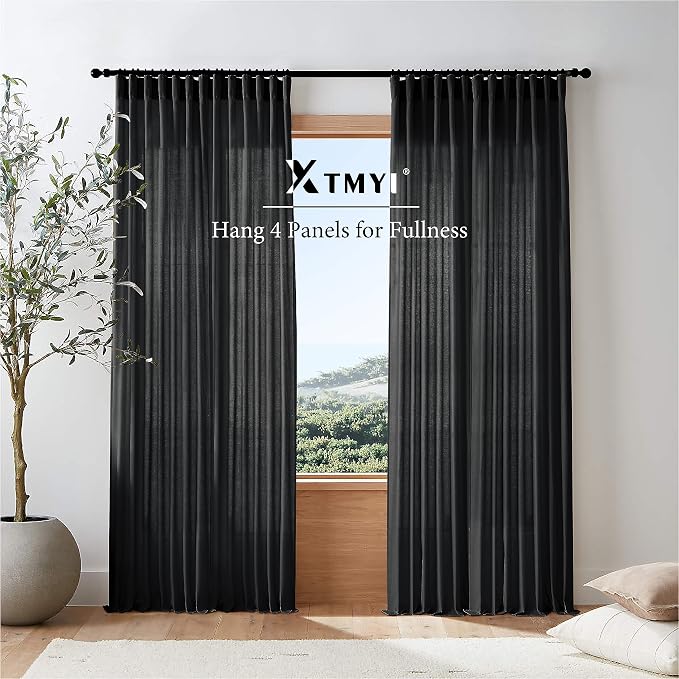 XTMYI Black 90 Inch Length 50 Inch Wide Back Tab/Hook Belt Linen Cotton Sheer Curtains for Bedroom 2 Panels