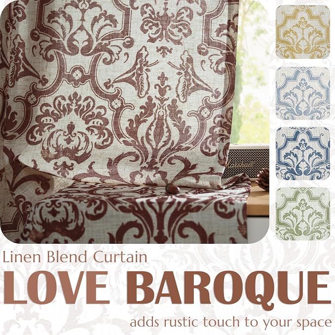 jinchan Linen Valance Curtain for Kitchen Vintage Damask Floral Blackout Valance Double Layer Small Window Curtain for Living Room Bedroom Bathroom 18 Inch Rod Pocket 1 Panel Terracotta on Beige
