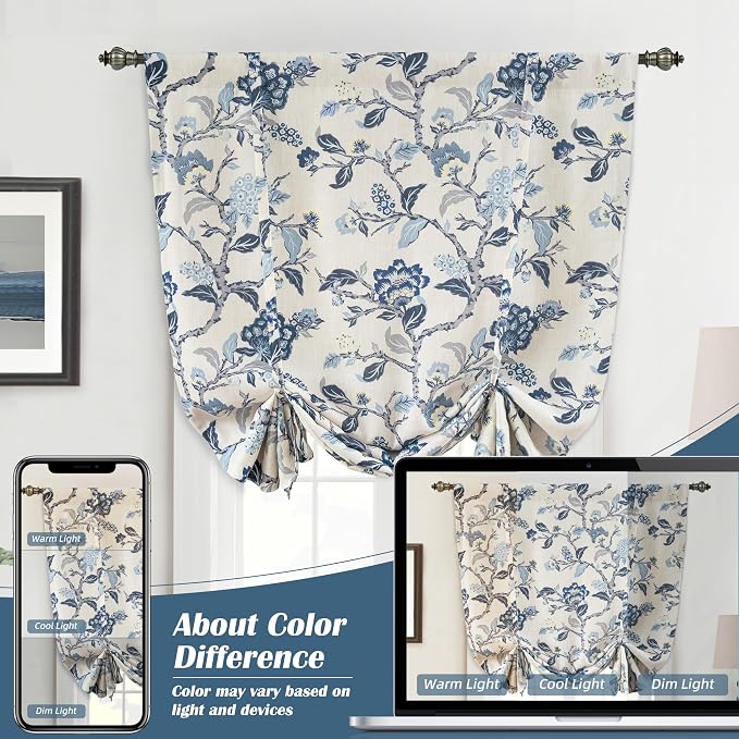 DriftAway Ada Floral Botanical Print Flower Leaf Lined Thermal Insulated Room Darkening Blackout Tie Up Window Curtains 2 Layers Each 45 Inch by 63 Inch Navy
