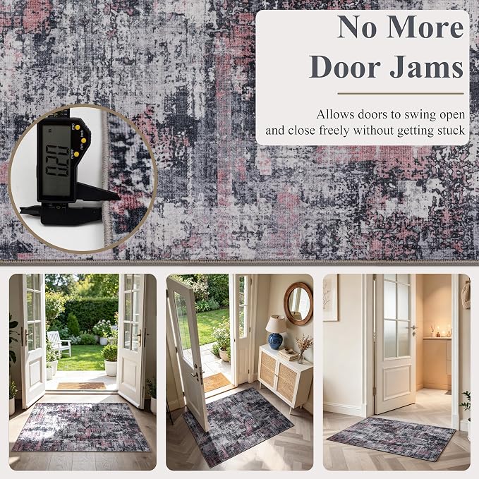Sasttie 2x3 Area Rug for Entryway, Washable Modern Abstract Small Carpet for Living Room Bedroom Door-mat, Soft Entry Rug with Non-Slip Backing, Black and Pink