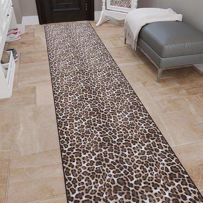 Ottomanson Aisle Runner Rug 1'10.5" x 36' – Soft Non-Slip Rug, Low Pile Carpet for Hallways, Events, Churches & Extra-Long Indoor Spaces, Leopard Print Brown