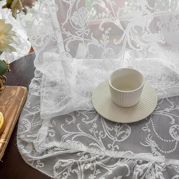 TUDECO White Ruffle Curtains - Boho Flower Sheer Lace Curtains for Dining Room - Shabby Chic Flowy Privacy Coquette Decor - Rod Pocket - 2 Panels, 59 x 96 Inch