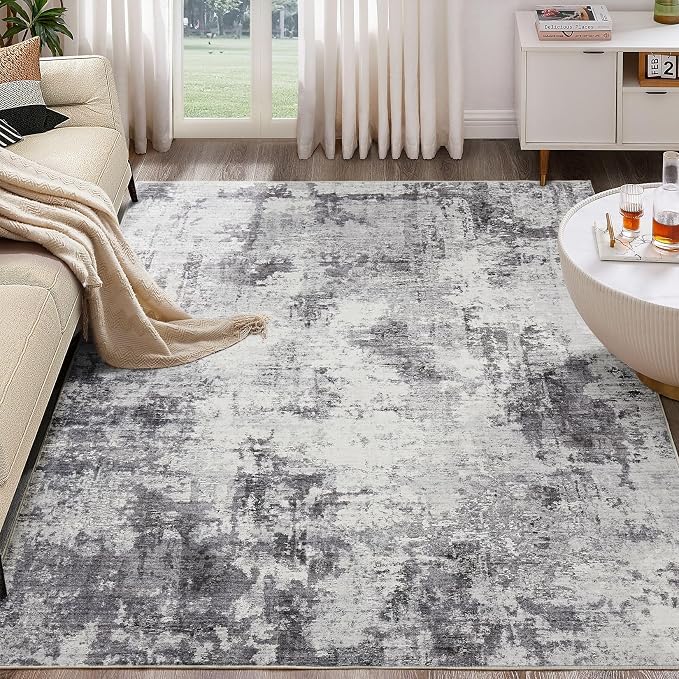 Abstract 8x11 Area Rug: Machine Washable Non Slip Ultra Thin Low-Pile Carpet, Soft Stain Resistant for Living Dining Room Bedroom, Kid Pet Friendly, Robot Vacuum Compatible - Grey