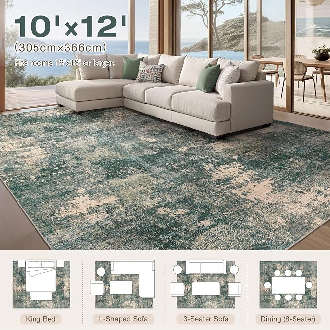 Abstract 10x12 Area Rug: Machine Washable Non Slip Ultra Thin Low-Pile Carpet, Soft Stain Resistant for Living Dining Room Bedroom, Kid Pet Friendly, Robot Vacuum Compatible - Dark Green/Beige