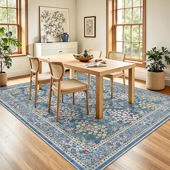 6x9 Area Rugs, Washable Floral Area Rugs for Living Room, Indoor Area Rug for Bedroom, Dining Room, Low Pile Non-Slip Non Shedding Rug(Blue Floral)