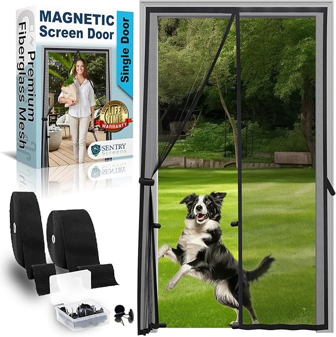 Fiberglass Mesh Magnetic Screen Door – Heavy Duty Self-Closing Hanging Door Net Screen with Magnet Closures – Fits Doors Up to 30"x82" – Black – by Sentry Screens