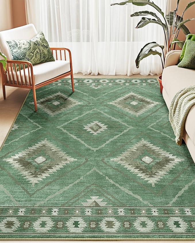 BESTSWEETIE Area Rug 5x7 Rug Machine Washable Rug Non-Slip Low Pile Print Pattern Western Rug for Living Room Bedroom Tribal Series -Sage