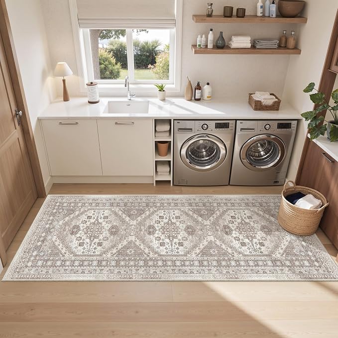 befbee 2.6'x8'Non Slip Runner Rugs - Runners for hallways, Kitchen,Entryway,Stain Resistant Washable Rugs for Bedroom, Indoor Vintage Area Rugs (Brown/Beige, 2.6'x8')