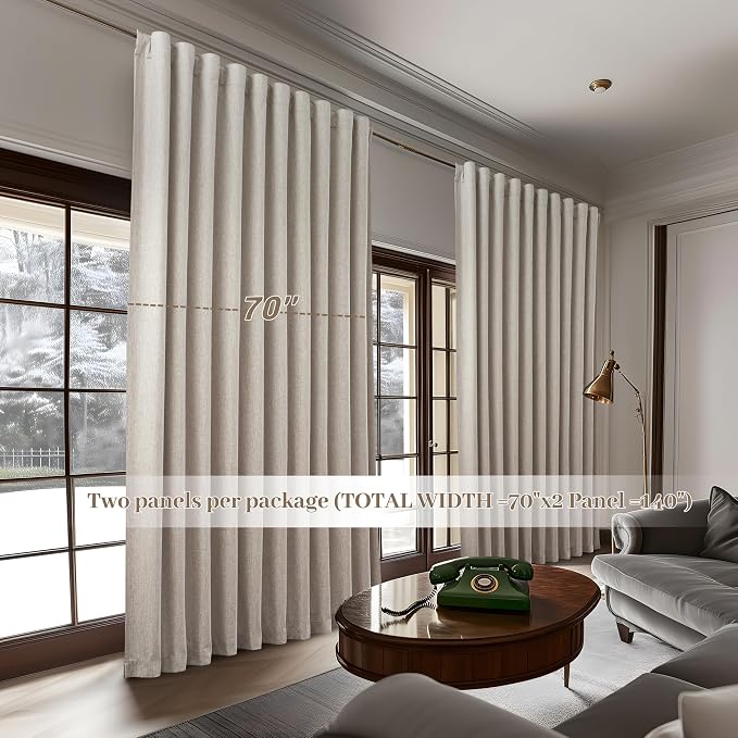 Extra Wide 70 Inch Length Blackout Curtains & Drapes 108 Inches Long 2 Panels Set for Sliding Glass Doors,Modern Pleated Linen Blend Heavy Floor to Ceiling Large Window Drapes 70"W x 108"L 2 Panels