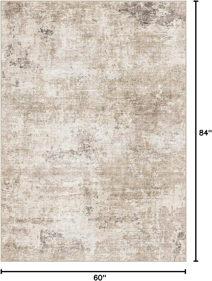Abstract 5x7 Area Rug: Machine Washable Non Slip Ultra Thin Low-Pile Carpet, Soft Stain Resistant for Living Room Bedroom Nursery, Kid Pet Friendly, Robot Vacuum Compatible - Brown